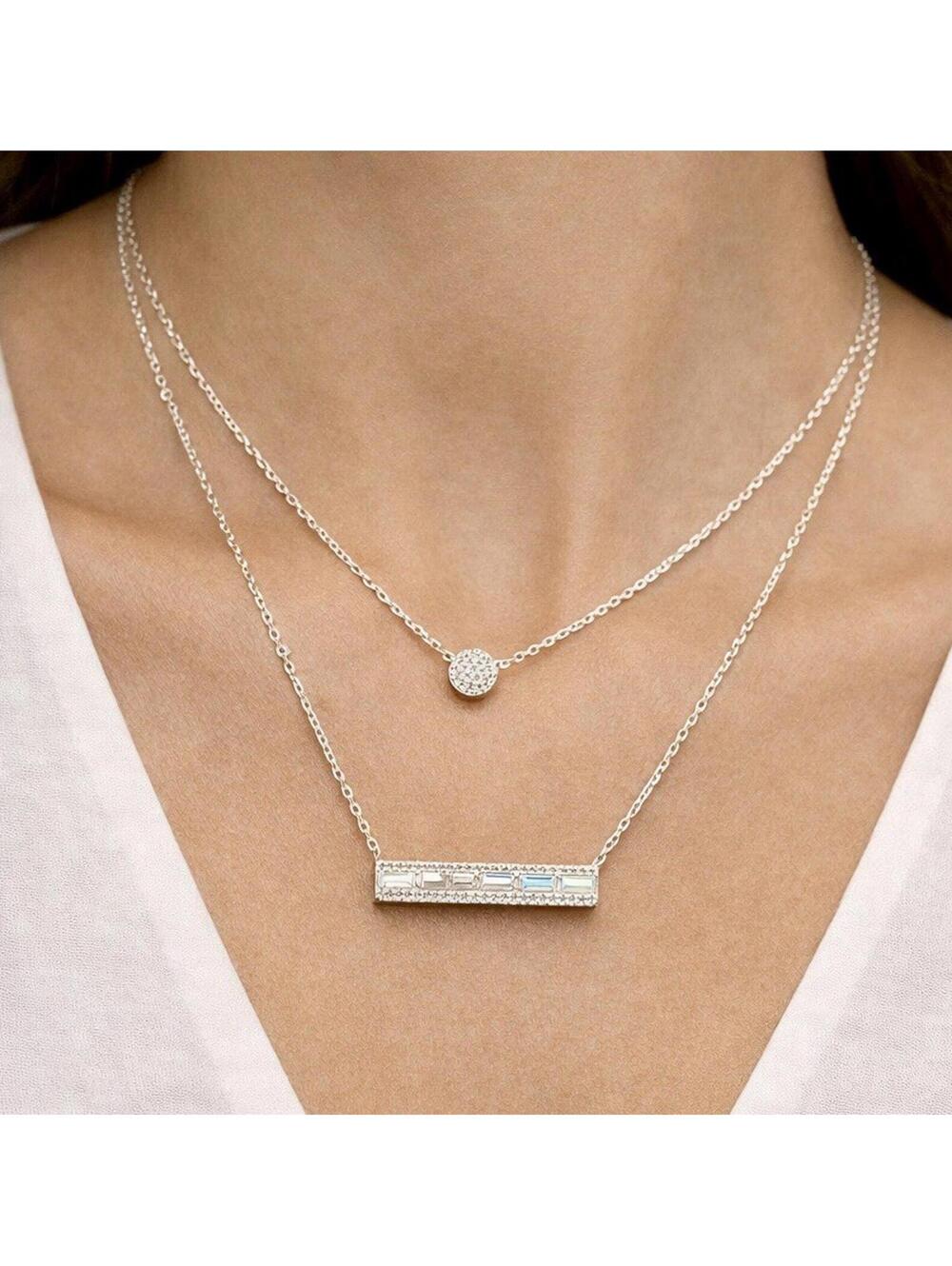 Stella Picciotto 2010s Sterling Silver 925 Two Chains CZ Bar Necklace